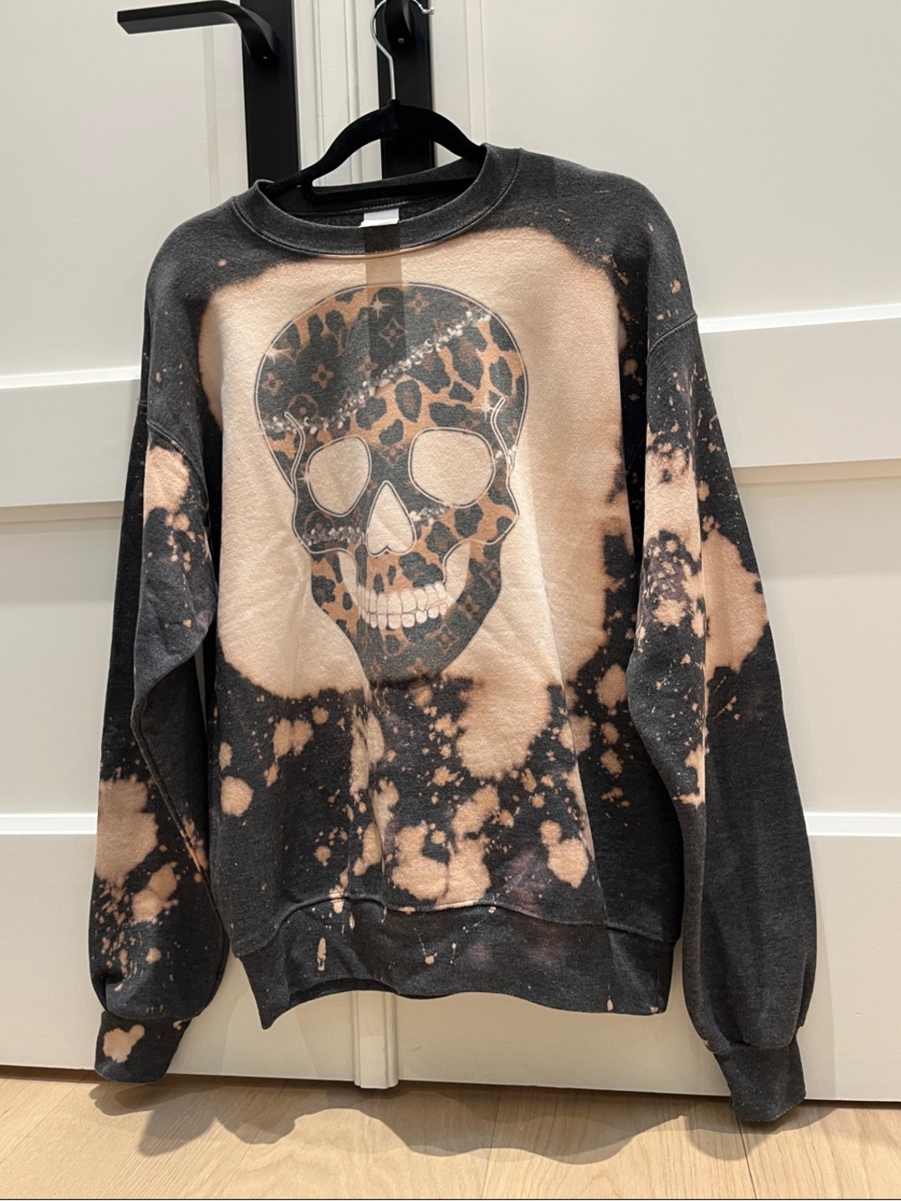 Women'sBlack and Beige Bleached Skull Crewneck Sweater
